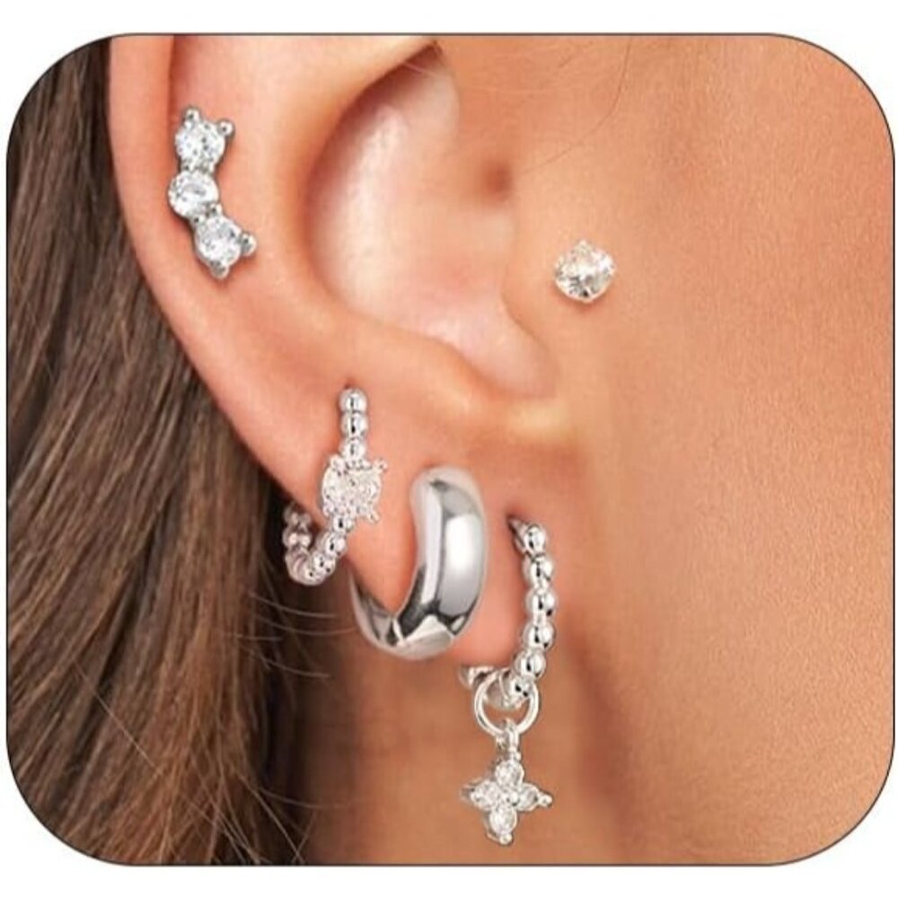 🆕 Women Silver Small Hoop Earrings Trendy Chunky Multiple Piercing Jewelry Gift